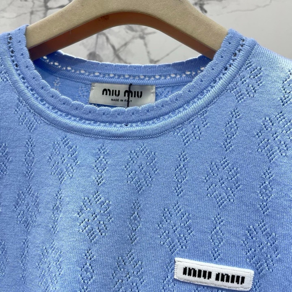 MIU MIU blue short-sleeved knit top with ruffled hem and cuffs - Picture 8 of 8